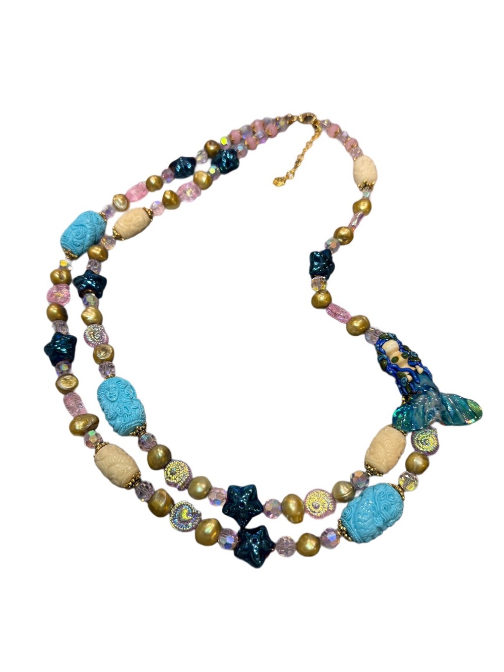 Artisan Handblown Glass Mermaid and Baroque Pearl Multistrand Necklace 🧁